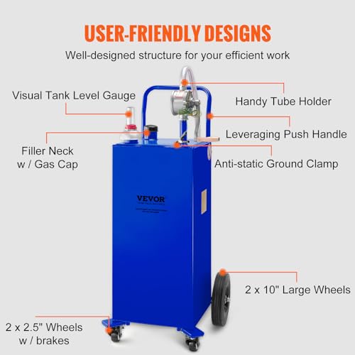 Vevor 30 GALLON BLUE FUEL CADDY 30 Gallon Portable Gas Caddy, Fuel Caddy Fuel Storage Tank With 4 Wheels & Manual Transfer Pump thumb #2