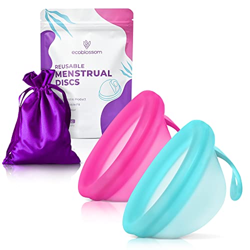 Ecoblossom Reusable Menstrual Disc - Menstrual Cup - Soft Period Disc for Women Designed with Flexible, Medical-Grade Silicone Period Cup (Pack of 2, Rose & Teal)