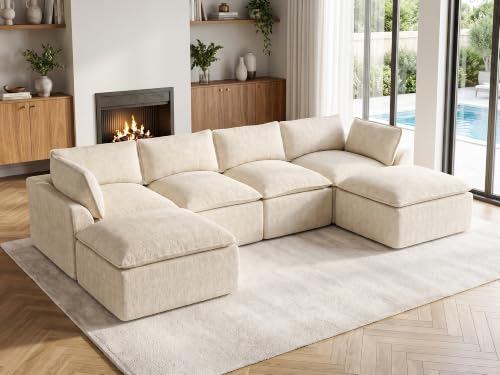 Image of 138 inch Oversized Modular Sectional Sofa, U Shaped Couch Set with 2 Pillows, 6 Seat Boneless Cloud Couches with 2 Movable Ottomans for Living Room, Corduroy, Beige