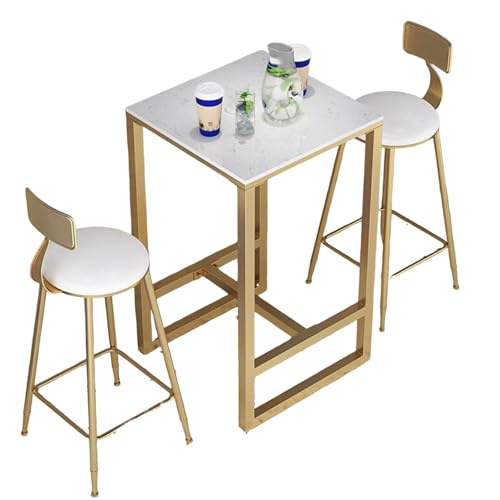 3 Pcs Small Luxury Gold Marble-Patterned Bar Table Set, Bistro Pub Counter Height Table Set with stools for Garden, Balcony, Indoor, Backyard, Patio