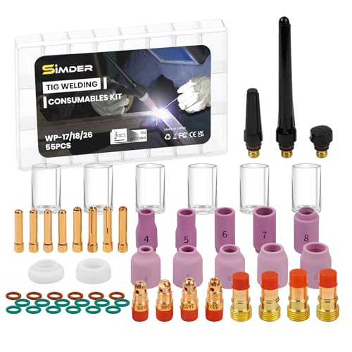 Image of SSimder 55Pcs TIG Welding Torch Accessories Alumina Nozzle Collets Body Stubby Gas Lens #10 Glass Cup For WP-17/18/26