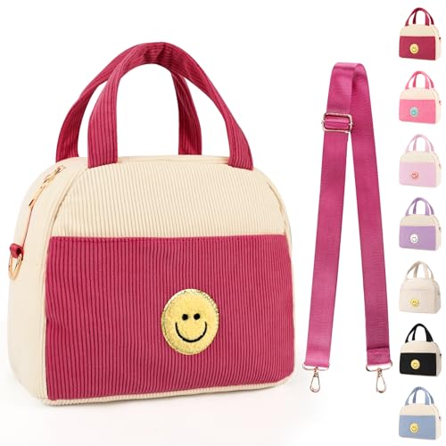 Kids Lunch Bag Lunch Box for Teen Girls Boys Back to School, Cute Preppy Lunchbox With Adjustable Shoulder Strap, Insulated Corduroy Lunch-Boxes...
