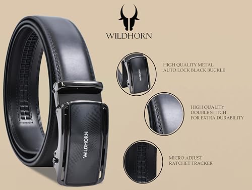 Image of WildHorn Men's Leather Belt Gift Set | Genuine Leather belt Strap with 2 Interchangeable Buckles | Formal & Casual Wear Adjustable Belt | Automatic lock leather belt for men