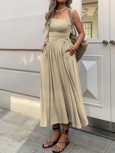 Image of Mieazom Women's Boho Summer Maxi Dress with Pockets, Adjustable Waist, Sleeveless Casual Ruched Sundress for Beach Vacation