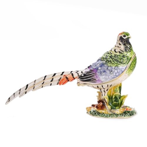 Hand Painted Enamel Pheasant Trinket Box for Home Decor, Unique Keepsake Collectible Figurine Jewelry Organizer Storage, Personalized Elegant Handmade Statue Decorative Ornament Gifts (Green Pheasant)