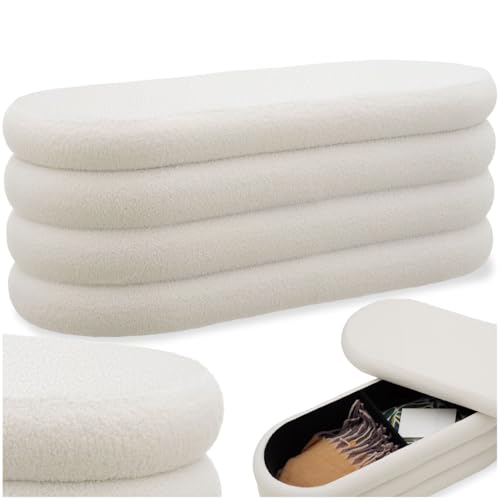 tectake® Panca Contenitore Imbottita, 2 Grandi Scomparti di Stivaggio, Rivestimento Bouclé, Pouf Letto Stile Scandinavo, Camera da Letto, Salotto - Bouclé Crema/Bianco, 110 x 45 x 42 cm