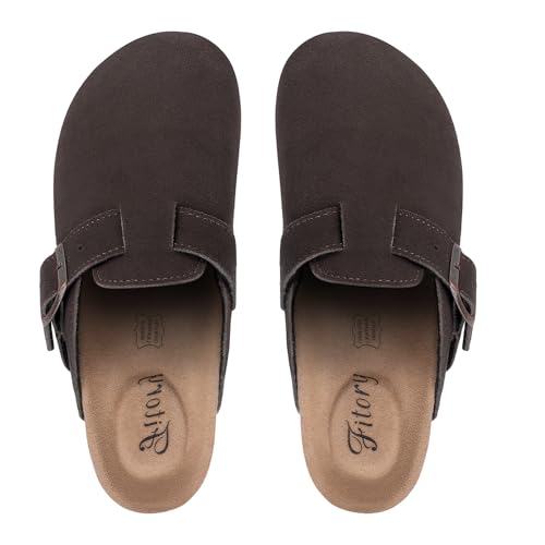 Image of FITORY Womens Clogs Slip-on Potato Shoes Leather Mules Suede Cork Footbed | Comfortable Adjustable Buckles Non-Slip Outsole Casual for Fall Outdoor Walking