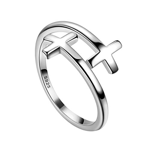 Besilver Adjustable Cross Ring for Men Women 925 Sterling Silver Double Wrap Sideways Cross Band Ring Religious Ring FR0009W