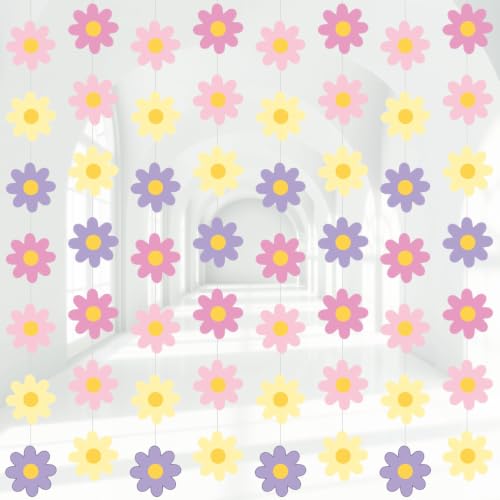 Image of Pasimy 8 Pcs Daisy Boho Party Decorations Groovy Daisy Paper Garlands White Flower Hanging Garland Banner Hippie Flower Cutouts for Birthday Shower Wedding Party Favor Supplies (Fresh,Pastel Pink)