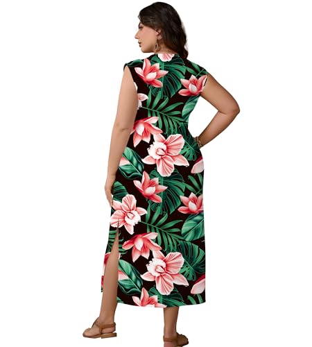 Image of UOUA Women Summer Maxi Dresses Plus Size Casual Hawaiian Sundress Sleeveless Loose Split Beach Dress with Pockets
