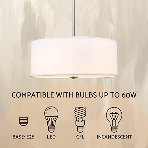 Kira Home Nolan 18" Classic 3-Light Drum Pendant Chandelier, White Fabric Shade + Round Glass Diffuser, Adjustable Height, Brushed Nickel Finish #TOP4
