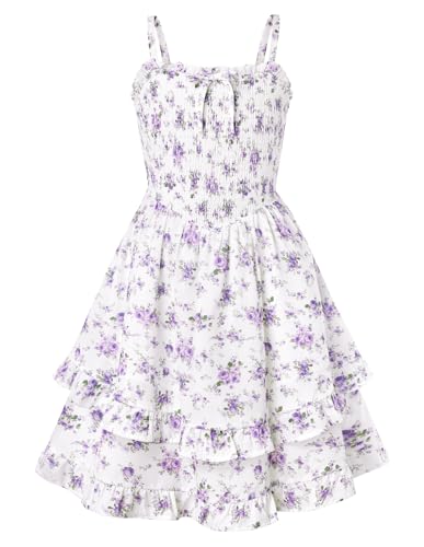 GRACE KARIN Girls Summer Dress Tween Purple Floral Sundress Size 12 Flower Girls Casual Hawaiian Strap Smocked Boho Dresses