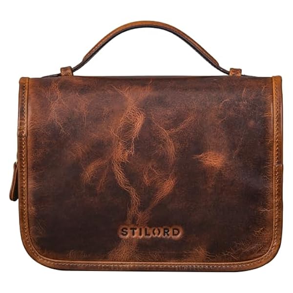 STILORD 'Arlo' Borsa da Toilette pelle da Appendere Beauty Case Borsetta da viaggio Con Manico Borsa di lavaggio Trousse da bagno Vera Pelle, Colore:kara - cognac