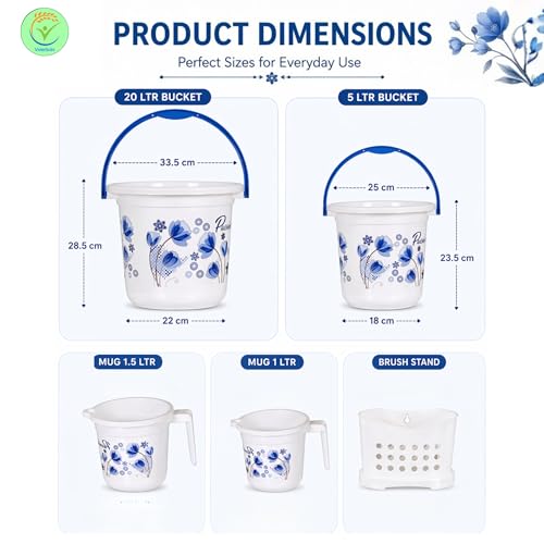 Image of Heavy Duty Virgin Plastic Large Capacity 20L Bucket, 5L Bucket, Stool,22L Deep Tub, Dustbin,1.5L Mug,1L Mug, Soap Case, Dustpan, Tooth Brush Stand Bathroom Set(K.White-Blue) - 10 Pieces
