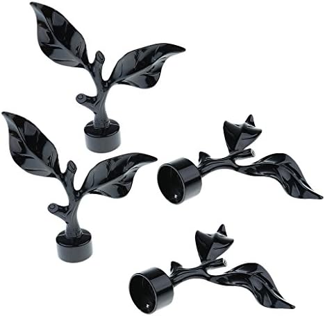 4pcs Vivid Leaf Design Curtain Window Pole/Rod End Compatible with 28mm Dia. Rods - Black