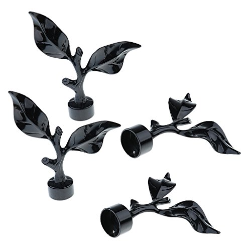 4pcs Vivid Leaf Design Curtain Window Pole/Rod End Compatible with 28mm Dia. Rods - Black