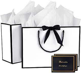 Gift Bags Medium, 2Pcs Paper Gift Bag with 4 Tissue Papers and 2 Cards, Present Bags with Handles for Women Girls Bridesmaid Birthday Valentines Wedding Party (Black-White)