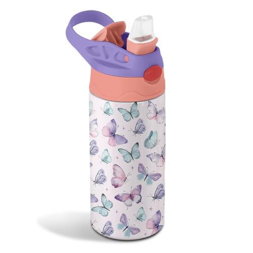 12oz Butterfly Kids Water Bottle, Colorful Butterflies Water Bottle for School, Kids Insulated Bottles with Straw & Handle, Leak-Proof, BPA-free, Straw Lid, Stainless Steel Bottles Gift Cup for Girls