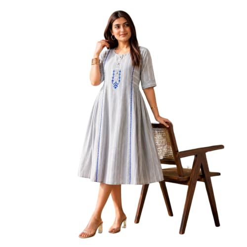 Image of Women's Grey Striped Cotton Midi Dress | Round Neck | Hand Block Print, Button Detailing, Half Sleeves | A-Line Casual One Piece Frock