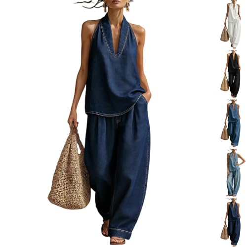 Women's Casual Halter Top & Wide-Leg Pants Set, Two Piece