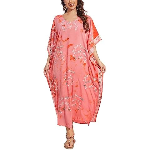 Beautybatik Coral Women Hand Blocked Batik Rayon Caftan Kaftan Loungewear Maxi Plus Size Long Dress 4X Cover