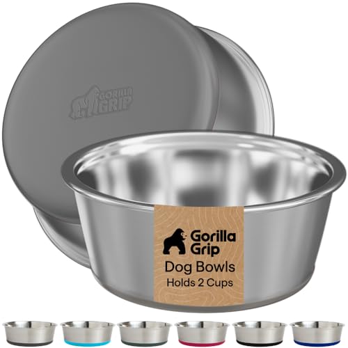 Image of GORILLA GRIP Dog Bowls, Food Grade 304 Stainless Steel, Holds 2 Cups Each (16 fl oz) Food and Water Bowl for Feeding Dogs and Cats, Dishwasher Safe, Rust Resistant, BPA Free Rubber Base Set of 2 Gray