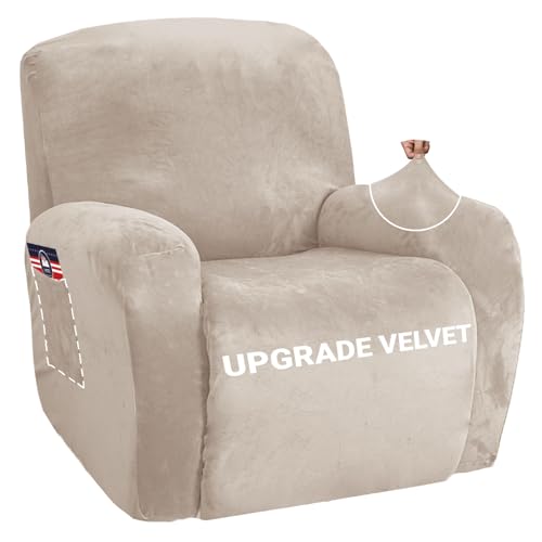 Image of ZNSAYOTX Stretch Velvet Recliner Cover 4-Pieces, Thick Soft Recliner Chair Slipcover with Pocket, Non-Slip Elastic Bottom for Kids Pets, Luxury Plush Reclining Protector Comfy Washable (Khaki)
