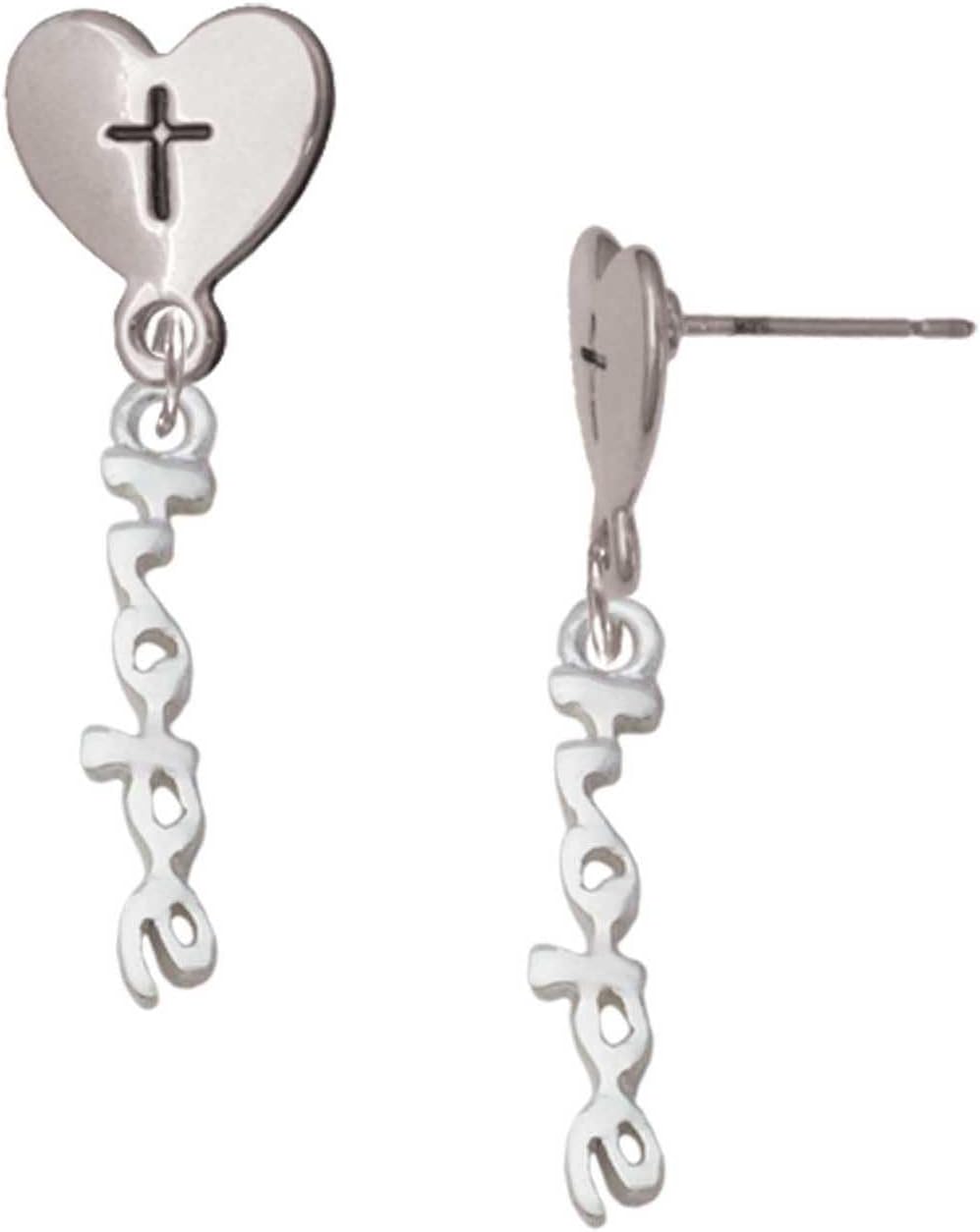 Delight Jewelry Silvertone Small hope Script Cross in Heart Post Dangle Earrings