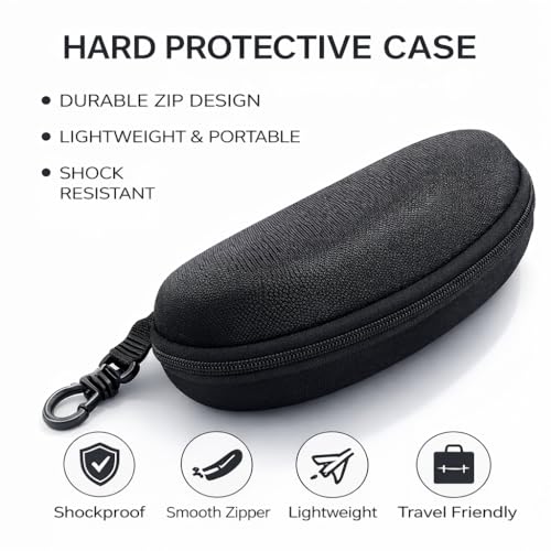 Image of Sunglasses Case Hard Shell with Zip & Hook Clip | EVA Shockproof Eyeglass Case Box | Portable Spectacle Cover for Men Women | Travel Glasses Storage Protector.