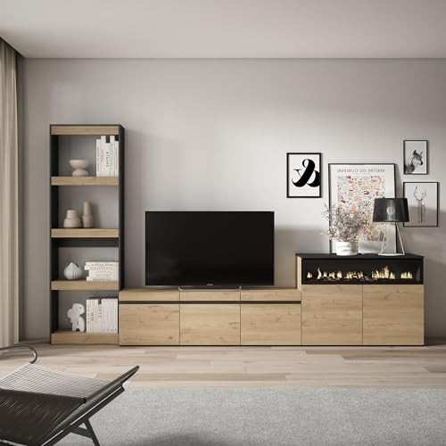 Skraut Home | Muebles de Salón para TV | Conjunto de Muebles Comedor | 310x186x35cm | para TV hasta 65" | Chimenea eléctrica | Estilo Moderno | Roble y Negro - imagen 2