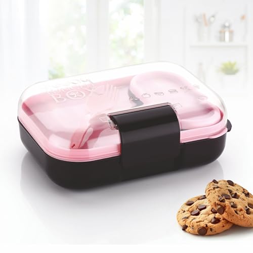 Image of ATTRO Food Bite Kids Plastic Lunch Box - 3 Compartments, 1 Small Container & Spoon, with Stylish Lid BPA-Free, Freezer Safe, Ideal for School, Travel & Outdoor - Purple Pink-500ml
