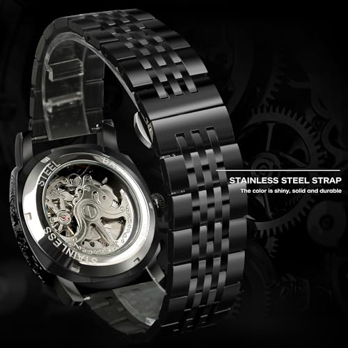 Image of FORSINING Fancy Watches for Men, Square Retro Mechanical Watch Self-Wind Carved, Gear Movement Golden Skeleton Automatic Watches Vintage Leather Strap Wrist Watch