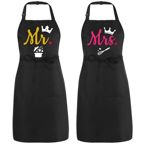 saerryor 2 PCS Funny Aprons Mr & Mrs Couple Aprons Set, BBQ Apron with Large Pockets, Cooking Apron for Women and Men, Funny Couple Gift for Home Kitchen Wedding Anniversary Valentine’s Day