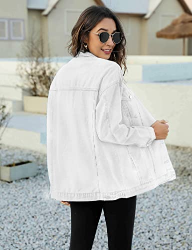 Puwei Women's Oversized Denim Jacket Distressed Lapel Button Up Long Sleeve Jean Jacket With Pockets(1452-White-Xxl) #TOP5