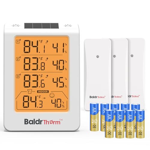 BaldrTherm Wireless Three Channel Thermometer Hygrometer, Large Display Temperature and Humidity Monitor, Smart Auto Backlight, 330ft Range and Real-Time Alerts for Indoor Outdoor, Orange