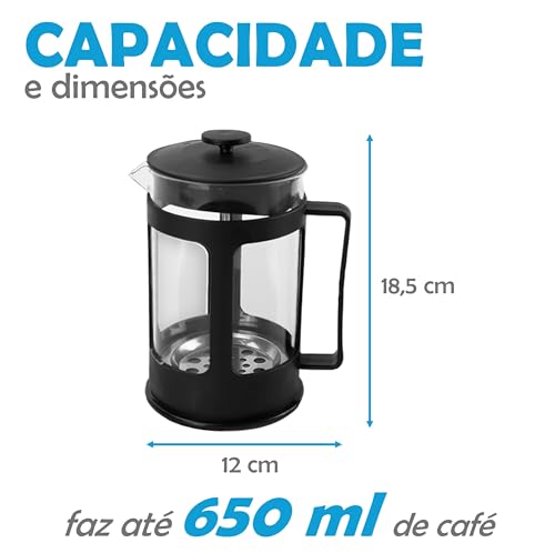 Prensa Francesa Manual de Vidro e Aço Inoxidável, 650 ml, Preta
