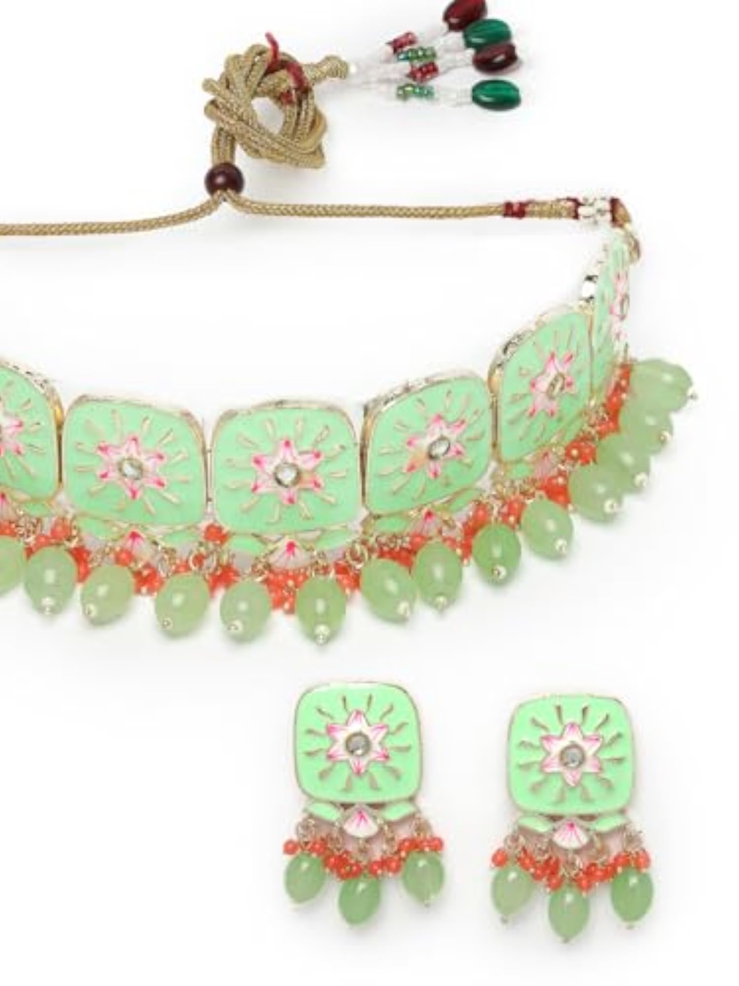 Square Mint Green Enamel Choker Set with Earrings