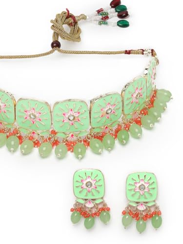 Square Mint Green Enamel Choker Set with Earrings