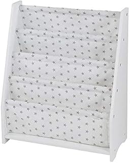 House & Homestyle Childrens Bookcase Hammock Book Storage, White Wooden Finish Book Display Holder with White Fabric Shelves - White / Grey Stars,H 60cm x W 50.5cm x D 23cm