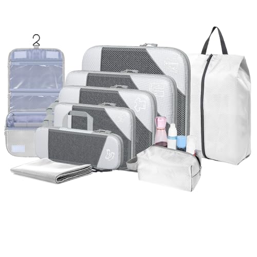 BTBAG 9-Set Packing Cubes with Hanging Bag | 9-Size Combination, Mesh Fabric & Reflective Stripe | Travel Luggage Organizers (Beige) by BTBAG - Used condition - US$10.48