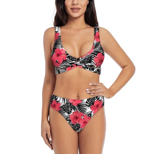 Maillot de bain deux pièces femme confortable plage imprimé hibiscus rouge taille haute