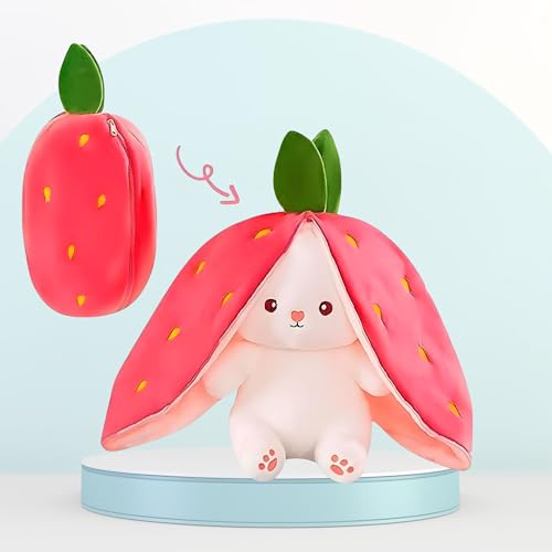 Image of Fun4you Strawberry Bunny Soft Toy Cute Convertible Plush Toy for Kids | 2-in-1 Soft Toy & Pillow, Strawberry Cover Design | Cuddly Plush Toy Gift for Boys & Girls (Pink, Medium Size)