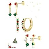 Poxtex Christmas Earrings Jewelry for Women, Gold Red Green Stud Hoop Jacket Festive Holiday Earring Set, Christmas Stocking Stuffers for Women Gifts