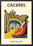 Fine Artic Cuadro de Cáceres Arco de la Estrella y Jamón - Poster de Estilo Bauhaus con Marco de madera - Arte mural Extremadura decoración de Cocina – Cuadros Originales Enmarcados