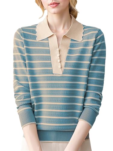 Womens Polo V Neck Striped Sweaters Long Sleeve Layered Look Knitwear Pullover Tops