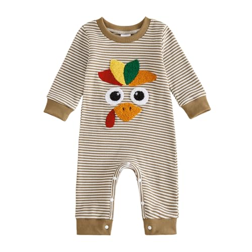 Muasaaluxi Thanksgiving Baby Boy Outfit Long Sleeve Turkey Embroidery Romper 0-18M (Coffee 0-3 Months)