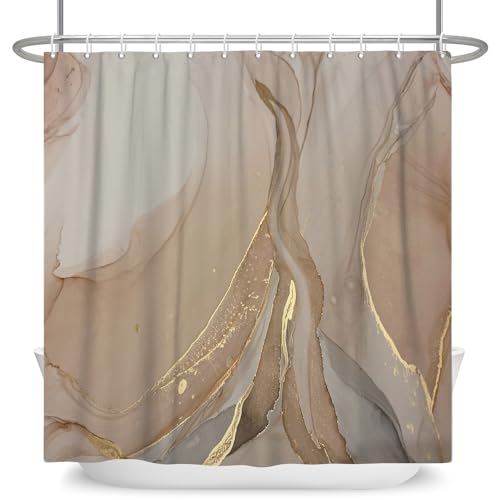 ASDCXZ Marmor Duschvorhang Braun 180x200 cm, Modern Abstrakt Braun Greu Gold Marmor Optik Textur Waschbar Bad Duschvorhänge Polyester Textil Wasserdicht Duschvorhang für Badewanne mit 12 Haken