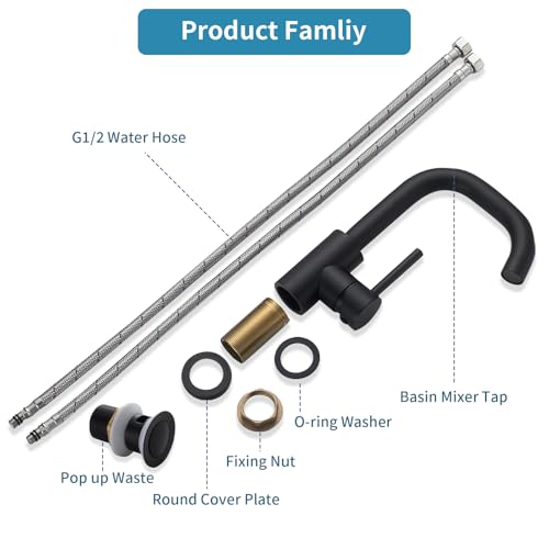 Robinet mitigeur noir pivotant à 360° en acier inoxydable pour salle de bain avec bonde de vidage pop-up, robinet mitigeur d'eau chaude et froide à levier unique, raccords standard britanniques G1/2 – vue 5