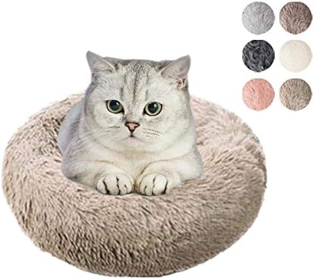 Miyabing Cat & Dog Bed in Faux Fur, Self-Warming Donut Cuddler, Ultra Soft Machine Washable Cushion (20”, 24”, 28") | Khaki