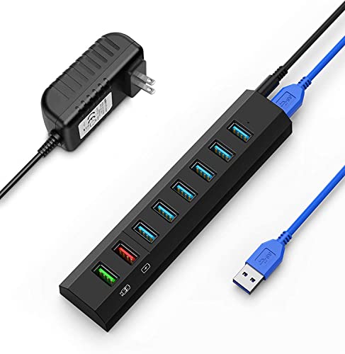 8-Port USB Hub, RAOYI USB Hub 3.0 Powered, 6 Port USB 3.0 Data Hub with 12V Power Adapter, 3.3ft USB Cable for MacBook, Mouse, Laptop, PC, USB Flash Drives, HDD Hard Drive (Black)